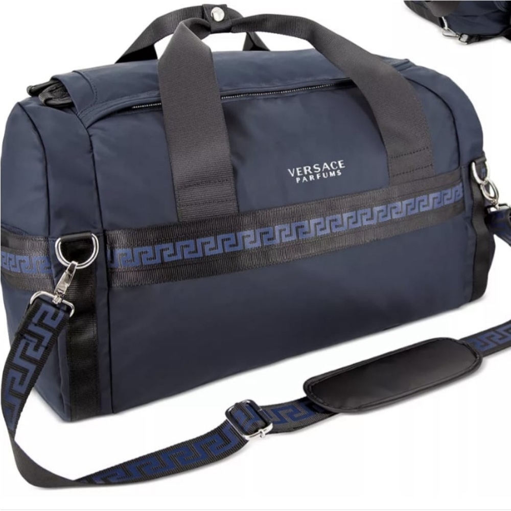VERSACE MENS BLACK BLUE DUFFEL HOLDALL DESIGNER GYM WEEKEND OVERNIGHT BA…